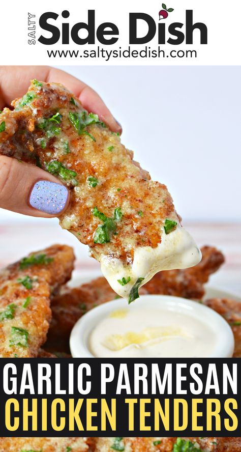 Crispy Garlic Parmesan Chicken Tenders! Dive into these mouth-watering chicken tenders coated with a flavorful blend of butter, garlic, and grated parmesan cheese. Perfect for a family dinner or a savory appetizer snack, this chicken tender recipe is a must-try for any chicken lover! Find the full recipe at SaltySideDish.com. #ChickenTenders #GarlicParmesan #EasyRecipes #DinnerIdeas #SaltySideDish Garlic Parmesan Fried Chicken, Chicken Crusted Parmesan, Grilled Chicken Fingers, Breaded Garlic Parmesan Chicken, Chicken Parm Sides, Chicken Tenders Skillet, Garlic Parm Tenders, Chicken Finger Dinner Ideas, Flavored Chicken Tenders