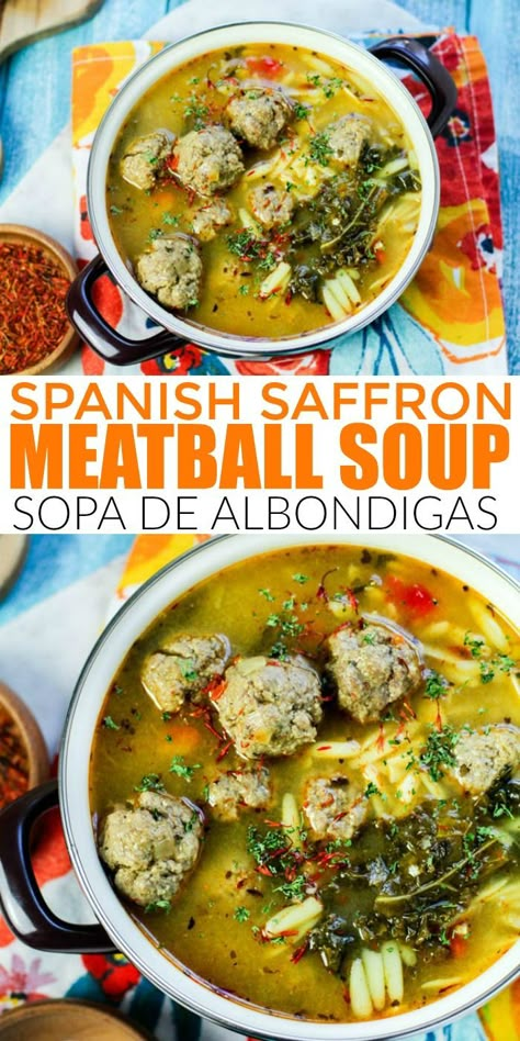 Spanish Soups And Stews, Iberian Recipes, Spanish Soup Recipes, Spanish Soups, Soup Meatball, Spain Recipes, Albondigas Soup Recipe, Spanish Soup, Spanish Saffron