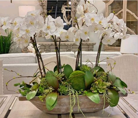 Modern Orchid Arrangements, Orchid Arrangements Centerpieces, Elegant Orchid Arrangements, Orchid Centerpiece Dining Room, Orchid Display Ideas, Faux Orchid Arrangements, Centerpieces Dining Table, Living Room Coffee Table Decor, Table Centerpieces Ideas