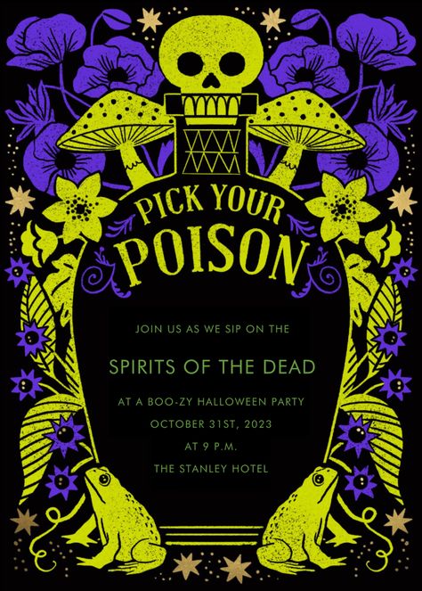 Haunted House Graphic Design, Poison Graphic Design, Pick Your Poison Halloween Party, Halloween Graphic Design Poster, Halloween Poster Design Ideas, Halloween Graphic Design Illustration, Halloween Party Poster Design, Halloween Invite Ideas, Witch Graphic Design