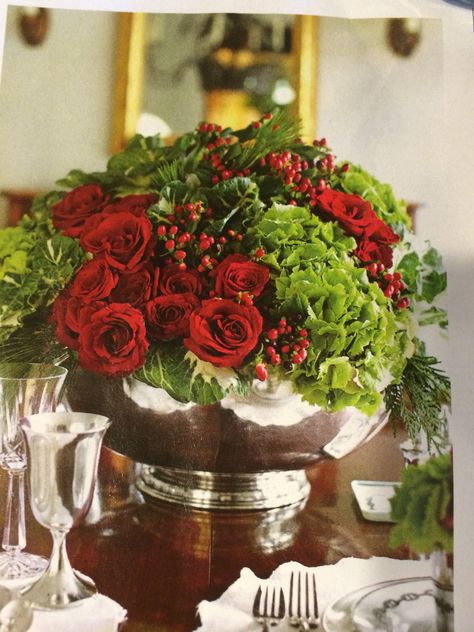 How To Arrange in a Low Silver Bowl Crhitsmas Ideas, Flowering Cabbage, Colored Hydrangeas, Christmas Greens, Hypericum Berries, Christmas Flower Arrangements, Christmas Table Centerpieces, Christmas Floral Arrangements, Chartreuse Green