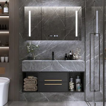 Mercer41 Guiles 40" Single Bathroom Vanity Set | Wayfair Gray Marble Bathroom, Modern Luxury Bathroom, Cultured Marble Vanity Top, Wall Mounted Bathroom Cabinets, Bathroom Vanity Designs, Hallway Bathroom, Floating Bathroom Vanity, Vanity Set With Mirror, Vanity Design