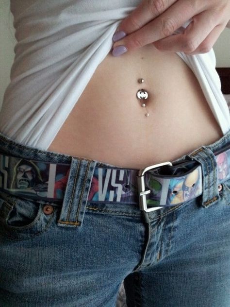 Batman belly button ring... I sooo need this but first, I gotta get my belly button pierced lol Double Navel Piercing, Bellybutton Piercings, Belly Button Piercing Jewelry, Belly Button Jewelry, Navel Jewelry, Navel Piercing, Belly Piercing, Belly Button Piercing, Body Piercings