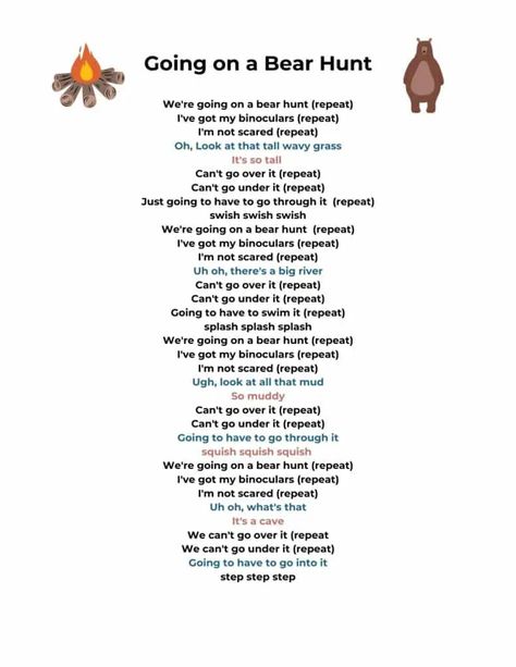 One of my favorite campfire songs, going on a bear hunt with a downloadable pdf print version of the lyrics included. Going On A Bear Hunt Song Lyrics, Going On A Bear Hunt Printables, We’re Going On A Bear Hunt Toddlers, Camping Songs For Toddlers, Going On A Bear Hunt Song, Bear Games Preschool, Bear Songs Preschool, Were Going On A Bear Hunt, Camping Circle Time Activities