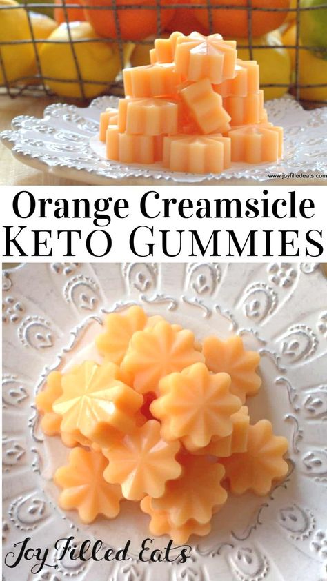 Keto Orange Creamsicle Gummies - This easy gummies recipe will remind you of those fabulous creamsicle ice pops you ate as a kid. Orange Creamsicle Gummies are easy to make and ready in under an hour. #lowcarb #lowcarbrecipes #lowcarbdiet #keto #ketorecipes #ketodiet #thm #trimhealthymama #glutenfree #grainfree #glutenfreerecipes #recipes #desserts #dessertrecipes #ketodessert #lowcarbdessert #sugarfree #gummies Keto Orange Creamsicle, Healthy Gummies, Homemade Gummies, Low Carb Candy, Keto Gummies, Gummies Recipe, Postre Keto, Keto Candy, Joy Filled Eats