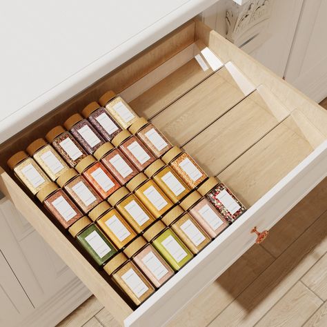 PRICES MAY VARY. Clear Acrylic Large-capacity Drawer Spice Rack: The spice rack is suitable for drawers with deep of at least 3.25 inches (please measure the size of the drawer deep before placing an order), and can hold up to 60 standard 4-ounce spice jars. Expandable Spice Drawer Insert: 8 pieces (13*4.7 inches each) adjustable spice tray can be freely combined to fit your drawers, cabinets or countertops. The maximum expansion size is 26" x 19". Premium Materials: The spice rack tray insert i Deep Drawer Spice Organization, Organizing Spices In A Drawer, Pan Drawers Kitchen, Wood Spice Rack Ideas, Kitchen Spice Cabinet Organization, Kitchen Cabinet Drawer Organization, Spice Drawer Pull Out, Spice Shelf Ideas, Spice Storage Ideas Inside Cabinets