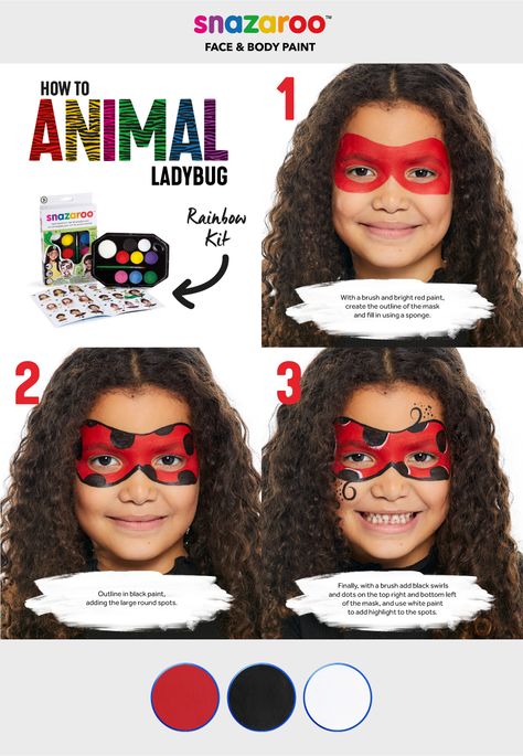 Ladybug Makeup For Kids, Face Paint Ladybug, Easy Face Painting Kids, Ladybug Halloween Makeup, How To Face Paint Step By Step, Ladybug Face Painting, Kids Vampire Makeup, Step By Step Face Painting, Ladybug Makeup