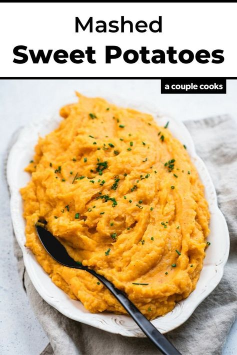 Ready in just 30 minutes, these healthy mashed sweet potatoes are flavored with garlic and fresh chives — and have a secret ingredient. | side dishes | sweet potato recipes | vegetarian recipes | gluten free recipes | thanksgiving recipes | fall recipes | Sweet Potato Recipes Side Dishes, Garlic Mashed Sweet Potatoes, Mashed Sweet Potatoes Vegan, Paleo Mashed Sweet Potatoes, Sweet Potato And Potato Mash, Best Sweet Potato Recipes, Garlic Sweet Potato Mash, Mashed Sweet Potatoes Healthy, Sweet Potato Recipes Mashed