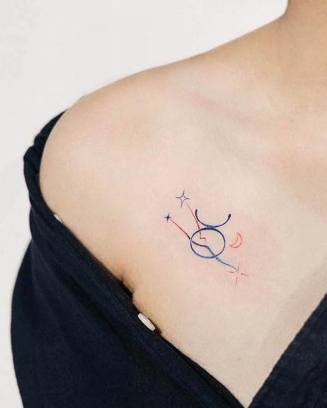 Taurus Celestial Tattoo, Taurus Shoulder Tattoo, Simple Taurus Tattoo For Women, Virgo And Taurus Tattoo, Horoscope Tattoos Taurus, Taurus Tattoo For Women Zodiac, Cute Taurus Tattoo, Taurus Girl Tattoo, Taurus Tattoo Ideas For Women