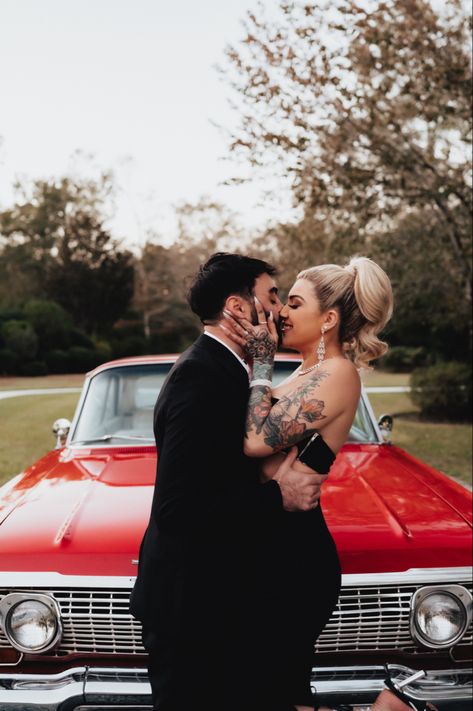 Engagement photos black and white Black And Red Engagement Photos, Hot Rod Engagement Photos, Low Rider Engagement Photos, Rocker Engagement Photos, Engagement Photos With Vintage Cars, Old School Car Engagement Photos, Old School Engagement Photos, Old School Car Photoshoot, Vintage Car Engagement Photos