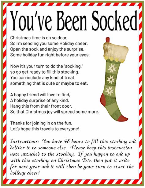 Christmas Ding Dong Ditch Ideas, You've Been Socked Free Printable, Ding Dong Ditch Ideas Christmas, Christmas Community Event Ideas, Community Christmas Event Ideas, Socked Christmas, You've Been Socked Christmas, You've Been Socked, Youve Been Socked