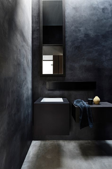 Gallery of The Clubhouse / Wolveridge Architects - 30 Dark Toilet, Black Stucco, Small Baths, Stucco Wall, Bathroom Mirror With Shelf, Modern Small Bathrooms, Luxury Master Bathrooms, Australian Interior Design, Music Center