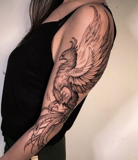 Find 57 completely unique, exclusive, and eye-catching phoenix tattoo designs in our article. Bonus: all explained meanings. Phoenix Tattoo Blackwork, Phoenix Tattoos For Women, Phoenix Tattoo Arm, Feniks Tattoo, Tattoo Brazo Mujer, Phoenix Tattoo Sleeve, Phönix Tattoo, Phoenix Tattoos, Arm Sleeve Tattoos For Women