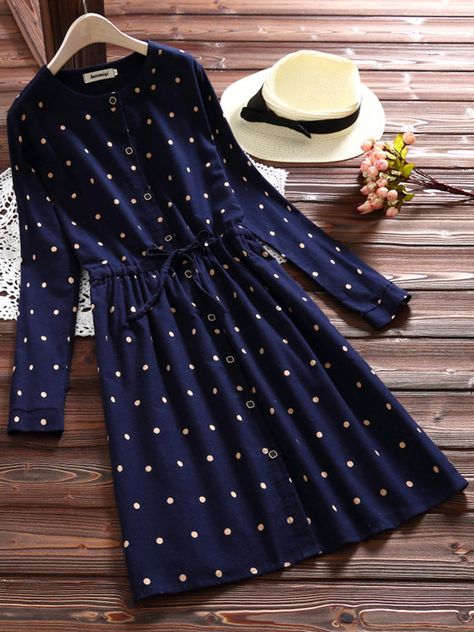 Long Sleeve Vintage Dresses, Cheap Summer Dresses, Muslim Fashion Outfits, Stylish Dresses For Girls, Polka Dress, Mori Girl, Dress Gift, Kurta Designs, Loose Dress