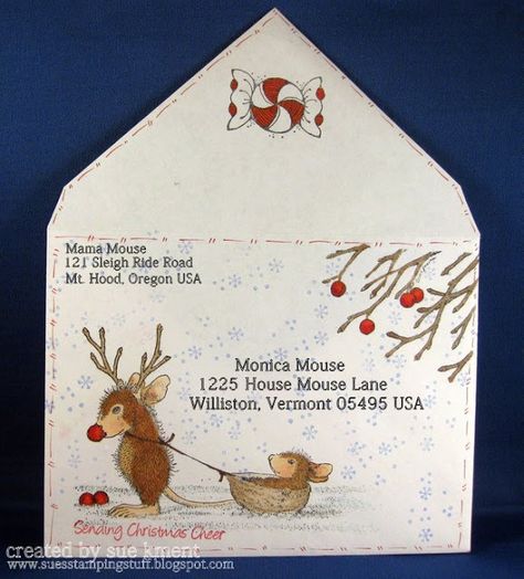 Sue's Stamping Stuff -- if you were ambitious, this could be hand-done Illustrated Envelopes, Snail Mail Art, House Mouse Stamps, Mail Art Envelopes, Wood Crafting, Christmas Envelopes, Decorated Envelopes, Envelope Lettering, Envelope Art