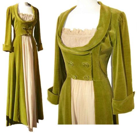 Vintage Antique Coat Green Regency Dress, Fantasy Court, Hostess Gown, Vintage 40s Dress, Gown Green, Fashion 1940s, 40s Dress, Vintage 40s, 40s Fashion