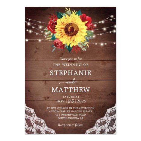 Rustic Sunflower Lace Red Floral Wood Lights Invitation Rose Fall Wedding, Bridal Shower Sunflower, Sunflower Weddings, Wood Lights, Rustic Sunflower Wedding, Rustic Baby Shower Invitations, Wood Invitation, Sunflower Themed Wedding, Sunflower Bridal Shower