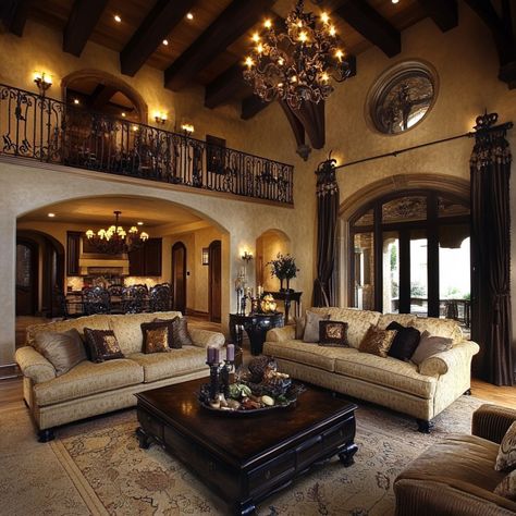 10 Tuscan Living Room Ideas: Create a Cozy Rustic Retreat with Style and Comfort | Florgeous Beige Living Room Dark Floors, Italian Country Living Room, Tuscan Style Mansion, Tuscan Home Aesthetic, Tuscan Modern Home, Spanish Gothic Interior, 2000s Tuscan Home, Tuscan House 2000s, Tuscan House Interior Design