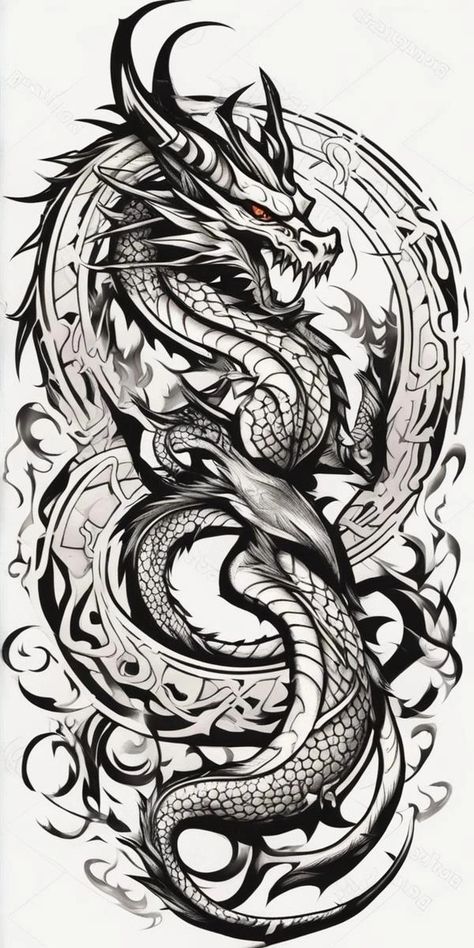 Wolf Dragon Tattoo, Medieval Dragon Tattoo, Chinese Samurai, Black Dragon Tattoo, Dragon Tattoo Drawing, Easy Dragon Drawings, Dragon Tattoo Art, Symbol Of Wealth, Wolf Tattoo Sleeve