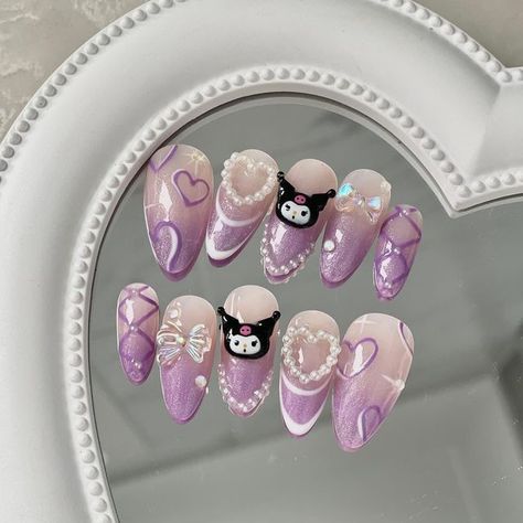 Purple Sanrio Nails, Sanrio Nails Acrylic Kuromi, Press On Nails Y2k, Kuromi Press On Nails, Cute Nails Press On, Cute Kuromi Nails, Kuromi Nails Purple, Sanrio Press On Nails, Kuromi Short Nails