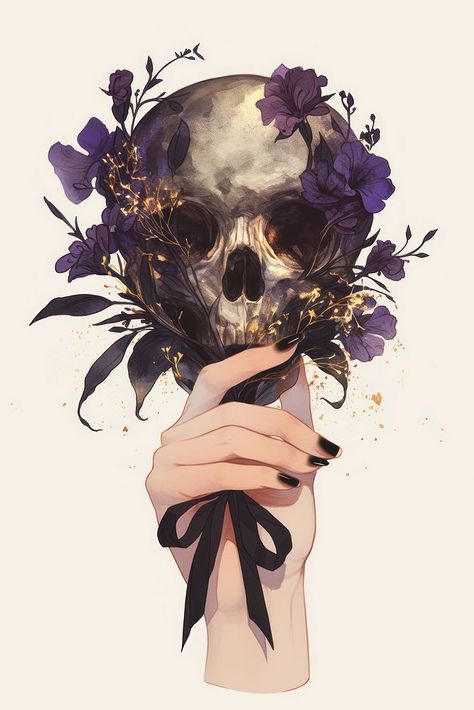 Skull with flowers illustration | free image by rawpixel.com / Boom Skull With Flowers Drawing, Spooky Flowers, Watercolor Dark, Scrapbook Inspo, Skull With Flowers, Skull Flowers, Skull Flower, Flowers Illustration, Hand Flowers