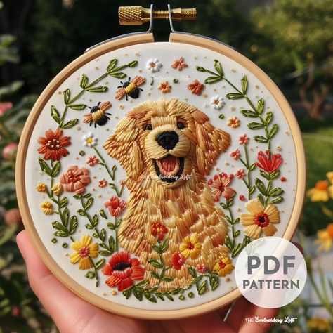 DESCRIPTION Let your creativity bloom with this fun and cute Golden Retriever hand embroidery pattern! Perfect for pet and dog lovers and embroidery enthusiasts. Get your hoop ready and stitch up some canine magic with this charming embroidery project! Happy stitching! This listing is for a digital PDF pattern, which includes: ~ Printable pattern scaled to fit 3" to 8" hoops ~ Beginner's Guide to Hand Embroidery with a FREE sample pattern ~ Beginner's Guide available in English, Español, Françai Tree Branch Embroidery Pattern, Embroidery Paw Print, Christian Embroidery Patterns, Cute Embroidery Designs Free Pattern, Embroidery Animals Easy, Dog Embroidery Ideas, Dog Embroidery Patterns, Outdoor Embroidery, Golden Retriever Embroidery