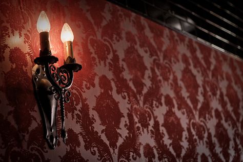 sconce, burnt velvet wallpaper and subway tile | Flickr - Photo Sharing! Victorian Brothel Aesthetic, Victorian Brothel, Saloon Aesthetic, Brothel Aesthetic, Victorian Gothic Wallpaper, Victorian Gothic Bedroom, Victorian Gothic Clothing, Victorian Gothic Interior, Victorian Gothic House