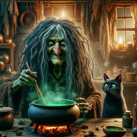 Witch at her cauldron Fairytale Art, Card Games, Witch, Fairy Tales, Halloween, Art