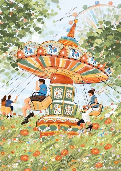 Carnival Illustration, Merry Go Round, Creative Drawing, Dreamy Art, الرسومات اللطيفة, Amusement Park, Cute Illustration, Pretty Art, 그림 그리기