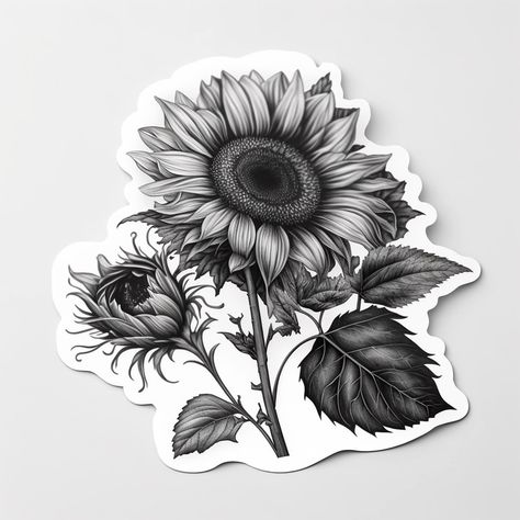 A black and white sunflower Realistic Sunflower Tattoo Design, Dark Sunflower Tattoo, Sunflower Tattoo Black And White, Sunflower Arm Tattoo, Spooky Sunflower, Sunflower Tattoo Stencil, Black And White Sunflower Tattoo, Dark Sunflower, Sunflower Black And White