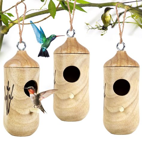 PRICES MAY VARY. [Natural material] --- The three hummingbird houses are made of rubber wood, which have a more natural taste and are easier to attract hummingbirds to build their nests. They are environmentally friendly and durable, strong and breathable, and can be used for a long time. , the exquisite workmanship makes it a very unique garden decoration even in the season without hummingbirds. [Size] ---The size of the hummingbird house is about 5.1 x 1.9 inches, which is perfect for the humm Hummingbird Nest, Hummingbird House, Hummingbirds, Bird Houses, Birds, Patio, Patios