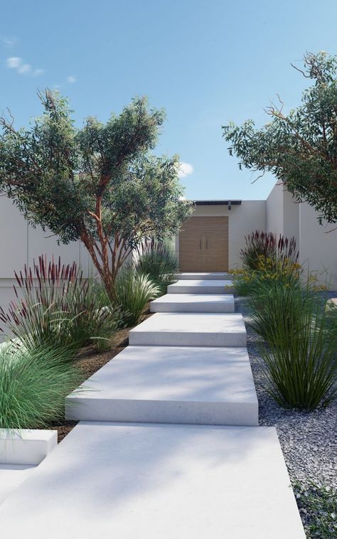 Desert Home Landscaping Front Yards, Landscape By Front Door, Modern Scandinavian Landscaping, Contemporary Home Landscaping, Soft Scape Landscape, Modern Landscaping Plants, Flat Yard Landscaping Ideas, Mediterranean Landscaping Backyard, Frontyard Landscape Modern