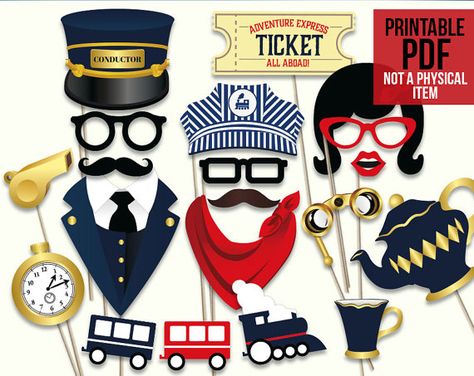 Train party photo booth props: printable PDF. Train by HatAcrobat Train Theme Party, Diy Train, Polar Express Party, Train Photo, 27 Piece, Party Photo Booth Props, Birthday Party Props, Thomas Birthday, Thomas Train