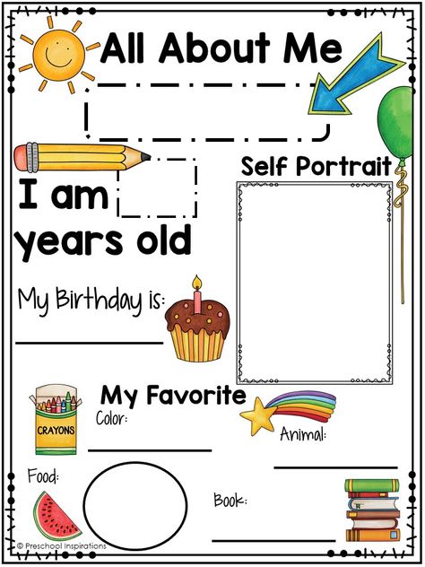 Printable All About Me Poster for a Preschool Theme August Preschool Themes Lesson Plans, Calender For Kindergarten Classroom, My School Preschool Theme, Al About Me Preschool Activities, Who Am I Activity Preschool, Prek Themes For The Year, Myself Theme Board Ideas For Preschool, All About Me Kids Activities, Preschool August Themes