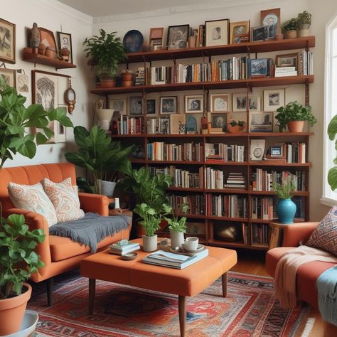 Small Home Library Cozy Reading Room, Eclectic Shelves, Cozy Reading Room, Living Room Reading Nook, Small Home Library, Room Reading Nook, Practical Home Decor, Boho Chic Living Room, Bring Nature Indoors