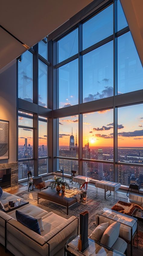 City Sunset View Condo City View, Living Room At Night, Room At Night, City Sunset, Luxurious Interior, Luxury Penthouse, Sunset City, Sunset View, New York Apartment