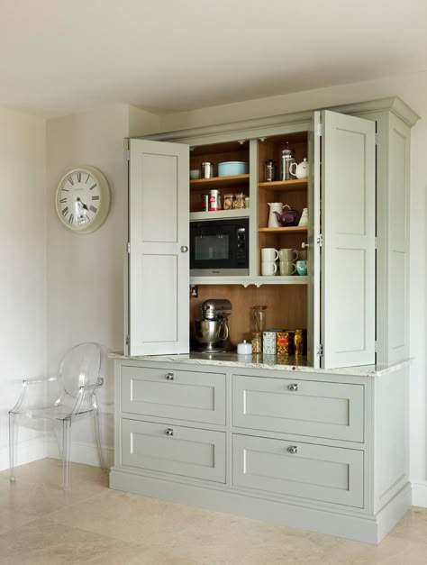 Each cabinet has been thoughtfully planned and includes bespoke features. This breakfast cupboard hosts a built-in microwave and other small appliances Kitchen Pantry Cabinet Ikea, Pantry Cabinet Ikea, Furniture Websites, Kitchen Pantry Doors, Kitchen Appliance Storage, Kitchen Larder, Kitchen Ikea, Kitchen Dresser, Appliances Storage