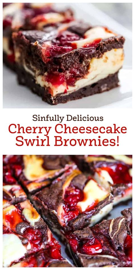 OMG! Heavenly Cherry Cheesecake Swirl Brownies - These OMG! Heavenly Cherry Cheesecake Swirl Brownies are so heavenly, they are the most sinful, indulgent brownies ever. Cherry Cheesecake Brownies, Cheesecake Recipes Easy, Chocolate Cheesecake Brownies, Cheesecake Swirl Brownies, Cherry Brownies, Brownie Cheesecake, Swirl Brownies, Brownie Toppings, Cherry Desserts