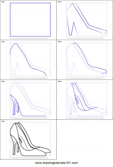 How to Draw High Heeled Shoe printable step by step drawing sheet : DrawingTutorials101.com Shoe Sketch Tutorial, How To Draw A Heel, How To Draw Heels Step By Step, High Heel Drawing Sketches, Shoes Drawing Step By Step, How To Draw High Heels, Shoes Drawing High Heel, How To Draw Accessories, How To Draw Hands Step By Step Tutorials