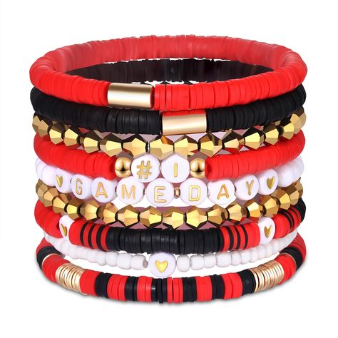 PRICES MAY VARY. It's Game Day Baby!Whether you are watching from home or cheering in the stands,it's time to accessory up in your team colors and get ready to root on your favorite high school,college or pro teams.Bold and vibrant Game Day bracelet are consist of football team colored disc beads and game day theme letter beads on elastic bands.Show your team spirit by sporting your favorite colors in this gorgeous game day beaded bracelets!! Love Football?Have an Alma Mater?Are you pround of co Boy Bracelets, Selling Bracelets, Fan Bracelet, Teacher Jewelry, Preppy Bracelets, Bracelet Stand, Disc Bracelet, Sports Game, Fan Accessories