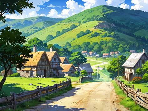 A fantasy village background hilly painterly dirt road 2 Fantasy Road Art, Dirt Road Drawing, Fantasy Road, Road Drawing, Village Background, Farm Town, Fantasy Village, Clothing Design Sketches, Marketing Advertising