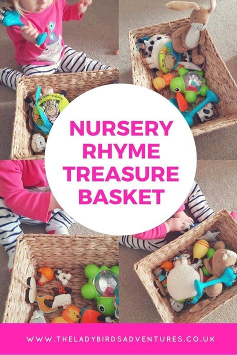 Nursery rhyme treasure basket, a fun and engaging activity for older babies and toddlers. Filled with ideas and inspiration for nursery rhymes and props to include. Nursery Rhyme Play, Nursery Rhyme Props, 18m Activities, Story Baskets For Toddlers, Treasure Baskets For Babies, Baby Room Activities Eyfs, Sand Foam, Sensory Play Ideas, Nursery Rhymes Activities