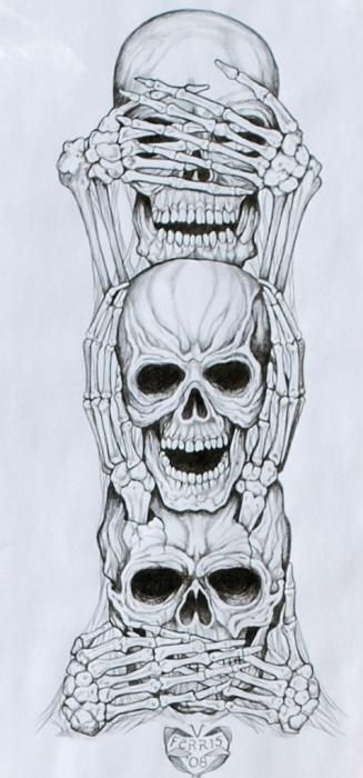 Evil Skull Art | No Evil Print by Vernon Farris Illustration Kunst, Kunst Tattoos, Marquesan Tattoos, Hear No Evil, Speak No Evil, Geniale Tattoos, Full Sleeve Tattoos, See No Evil, No Evil