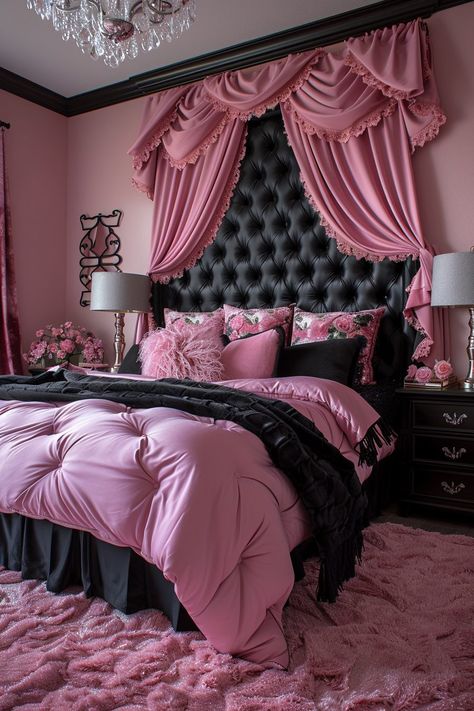 29 Pink and Black Bedroom Ideas for a Perfect Balance of Soft and Edgy - My Elegant Home Black Pink Silver Bedroom, Black And Pink Glam Bedroom, Hot Pink And Black Bedroom, Black Glam Bedroom Ideas, Black Glam Bedroom, Pink And Black Bedroom Ideas, Pink And Black Bedroom, Glam Bedroom Ideas, Black Bedrooms