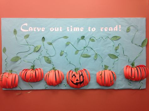 October bulletin--Carve out time to read! Carve Out Time For Reading, Pumpkin Library Display, October Bulletin Boards, Preschool Library, Recreational Therapy, Elementary Bulletin Boards, Cute Bulletin Boards, Halloween Bulletin Boards, Lds Relief Society