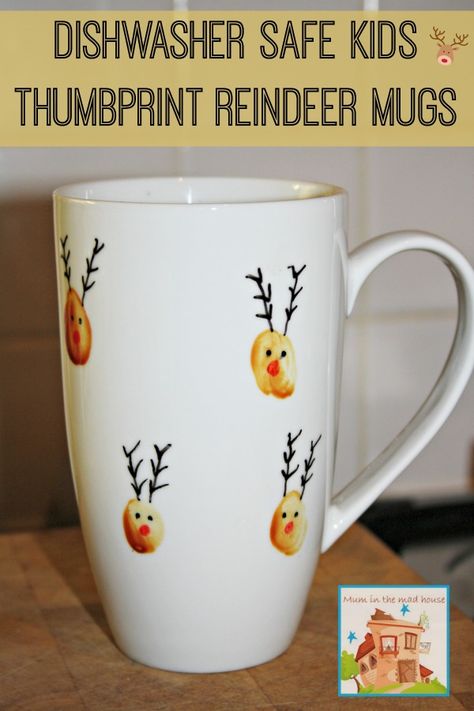 Dishwasher safe kids thumbprint reindeer mugs, a perfect kid made gift from Mum in the Mad House Reindeer Thumbprint, Thumbprint Reindeer, Diy Christmas Mugs, Homemade Teacher Gifts, Safe Kids, Cadeau Parents, Christmas Gifts For Parents, Diy Mugs, Preschool Christmas