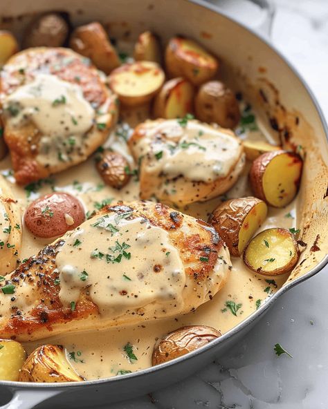 Chicken and Potatoes with Dijon Cream Sauce: A Comforting and Flavorful One-Pan Dinner There’s something truly satisfying about a dish that combines tender chicken, golden potatoes, and a rich, creamy ... Read more Supper With Potatoes, Chicken Dinner Potatoes, Chicken With Roasted Potatoes Dinners, Dinner Recipes Chicken And Potatoes, Baked Chicken And Potatoes Recipes Oven, Sauce For Chicken And Vegetables, Chicken And Fingerling Potatoes, Potatoes And Rotisserie Chicken, Chicken Potatoes Skillet