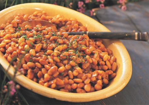 Hot and Smoky Baked Beans Recipe: Bon Appétit Bbq Pinto Beans, Slow Cooker Baked Beans, Baked Beans With Bacon, Cookout Sides, Pinto Bean Recipes, Barbecue Side Dishes, Baked Beans Recipe, Cookout Side Dishes, Cooking Dried Beans