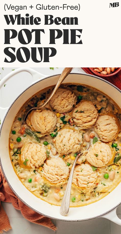 A cozy vegan soup with all the flavor of your favorite pot pie, but none of the hassle! Flaky biscuits over a comforting, creamy soup with fiber-packed white beans and veggies. Bean Pot Pie, Vegan Pot Pie Soup, Easy Vegan Soup, Vegan Pot Pies, Pot Pie Soup, Roasted Fennel, Flaky Biscuits, Minimalist Baker, Bean Pot