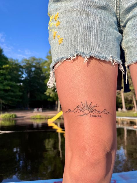 First Tattoo Ideas For Women Thigh, He Moves Mountains Tattoo, Unique Mountain Tattoos For Women, Knee Mountain Tattoo, Kentucky Tattoos For Women, Moutain Tattoos Fine Line, Mountain Tattoo Above Knee, Couple Tattoos Nature, Girly Christian Tattoos